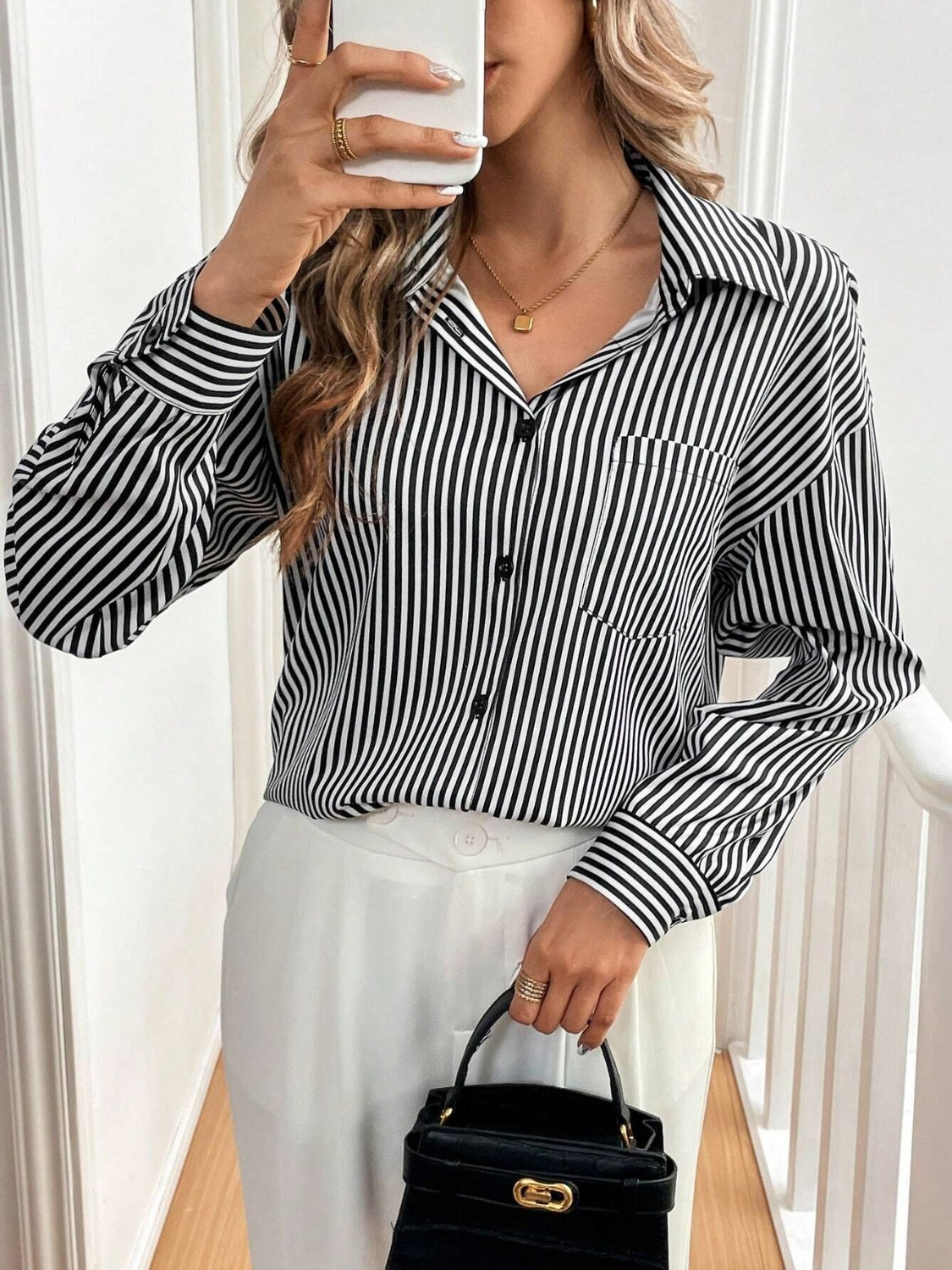 Cutout Bow Back Striped Collared Neck Long Sleeve Shirt-TOPS / DRESSES-[Adult]-[Female]-2022 Online Blue Zone Planet