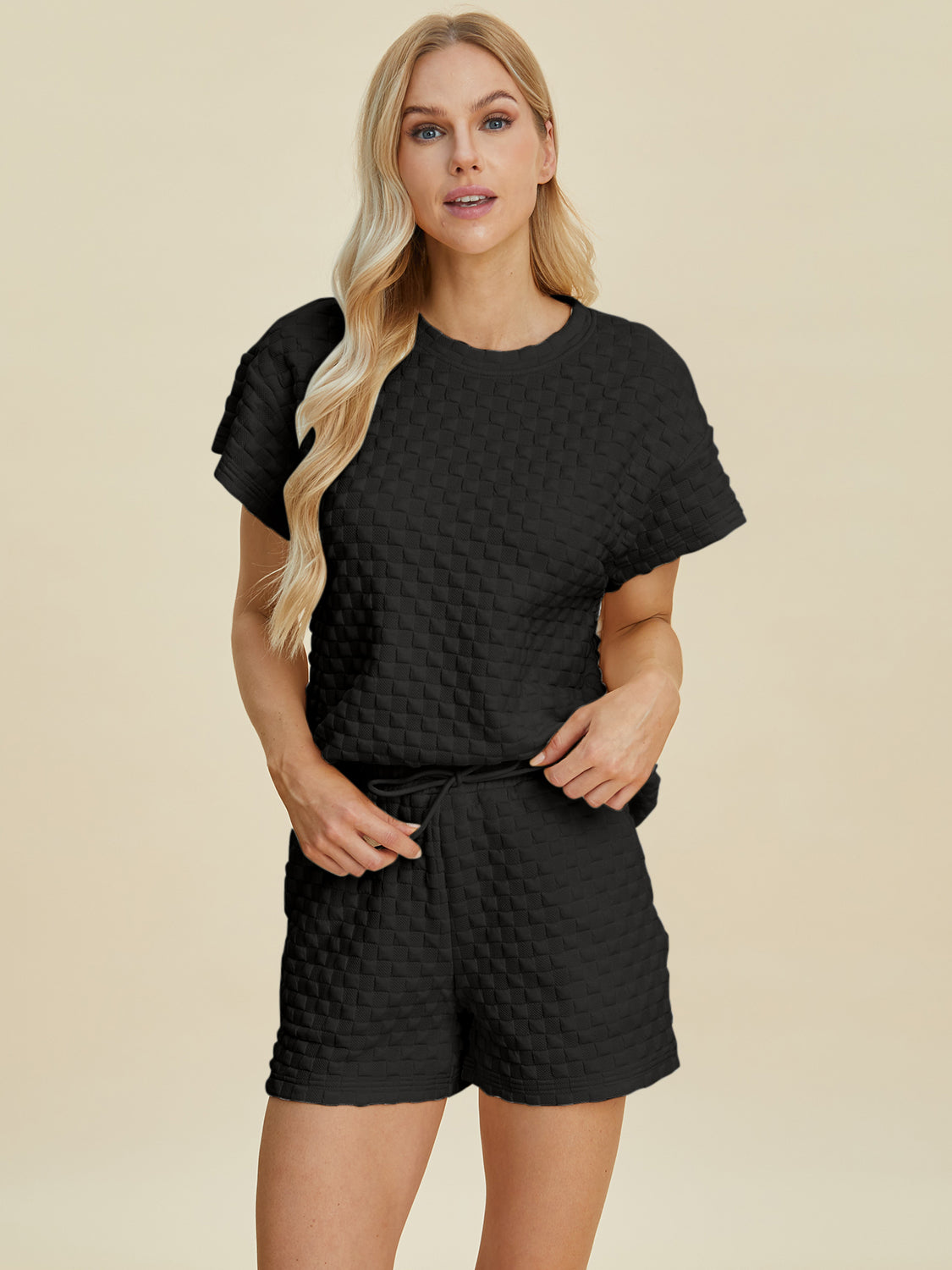 Double Take Full Size Texture T-Shirt and Shorts Set-TOPS / DRESSES-[Adult]-[Female]-2022 Online Blue Zone Planet