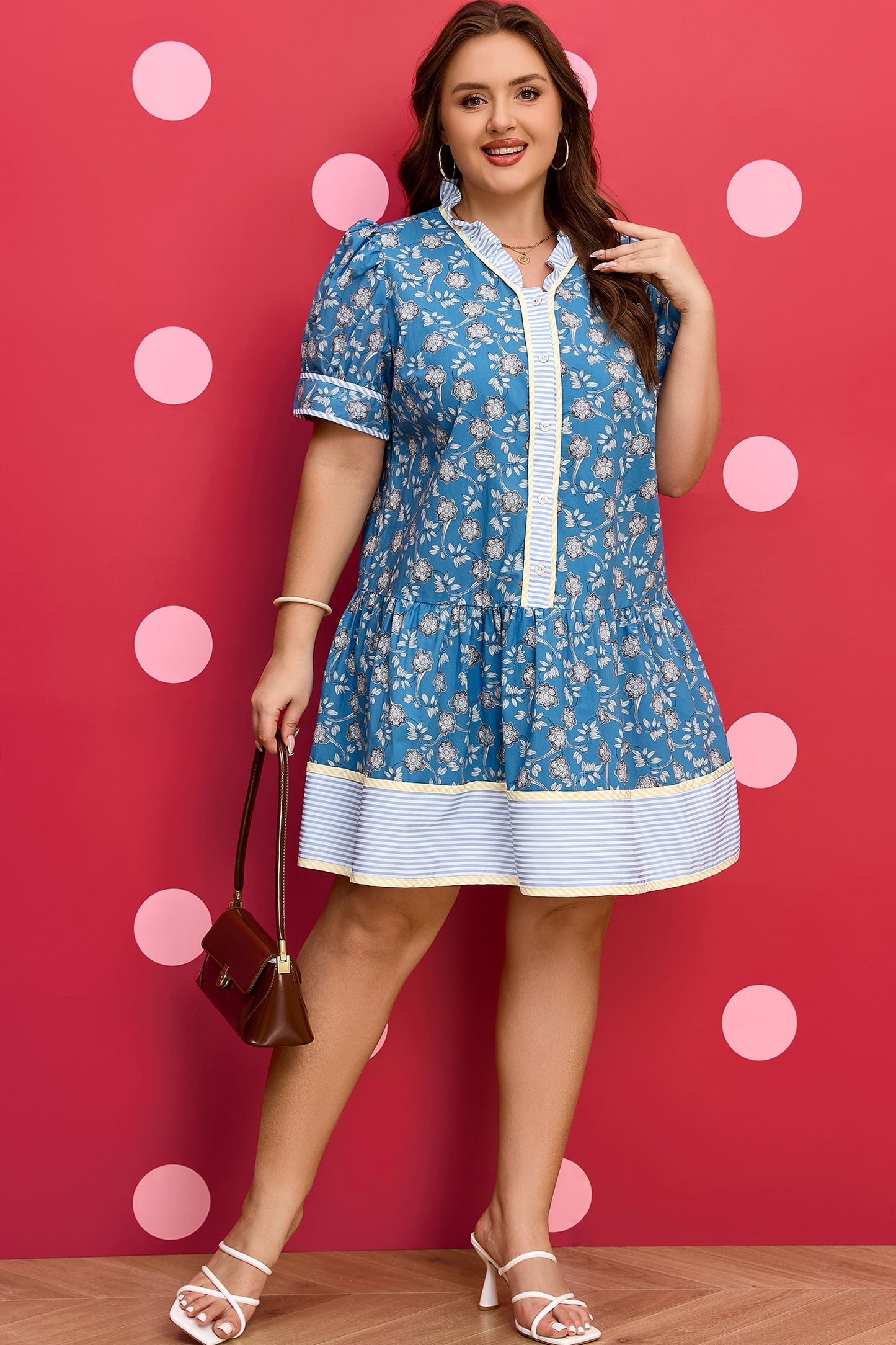 Blue Plus Size Floral Print Striped Patchwork Detail Button Front Ruffle Hem Dress-TOPS / DRESSES-[Adult]-[Female]-2022 Online Blue Zone Planet