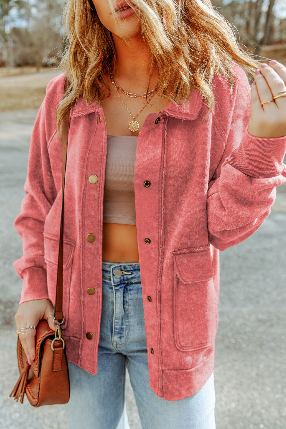 Gray Vintage Washed Flap Pocket Button Shacket-Outerwear/Jackets-[Adult]-[Female]-Red-S-2022 Online Blue Zone Planet