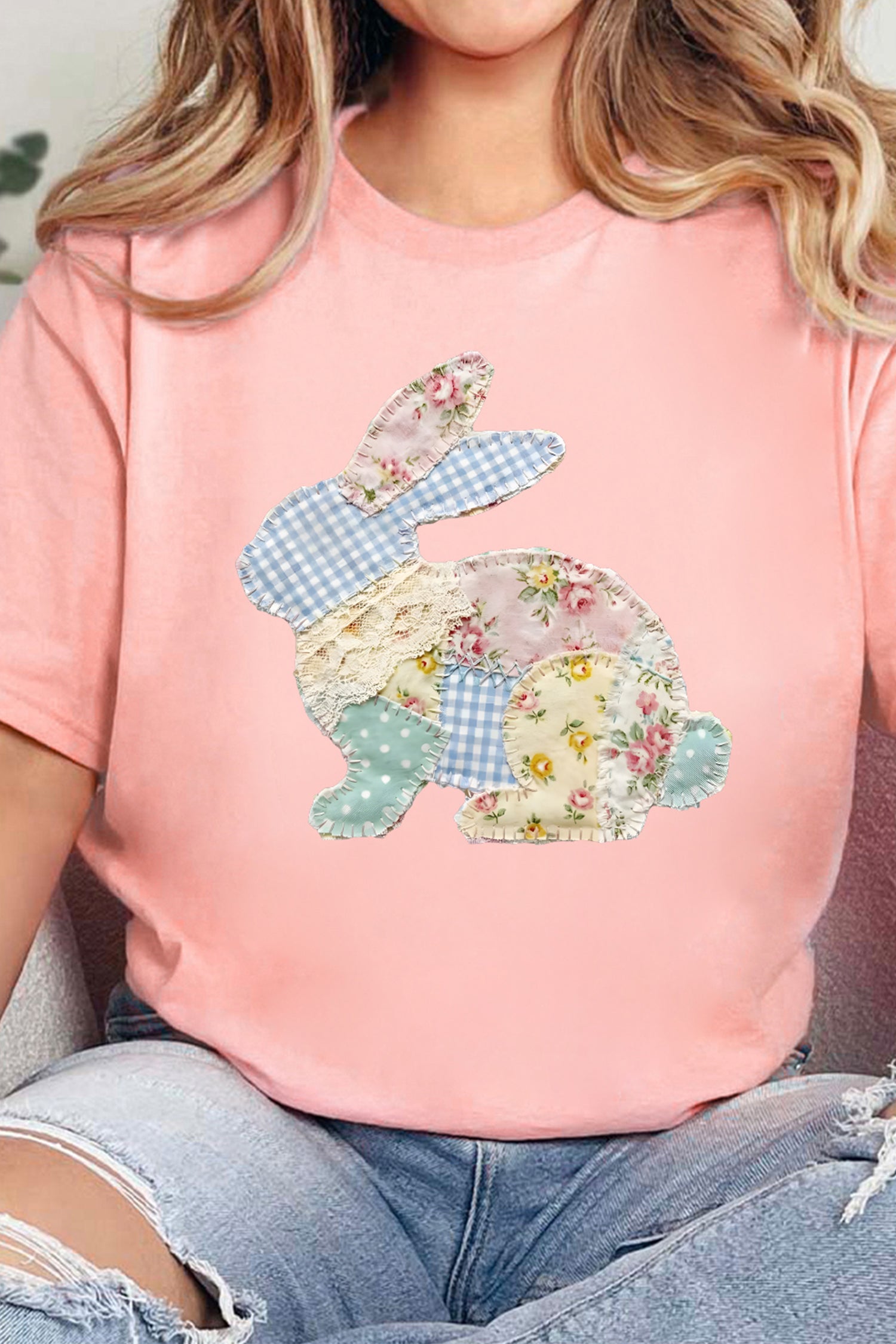 Pink Vibrant Easter Bunny Patchwork Printed T Shirt-Graphic/Graphic Tees-[Adult]-[Female]-2022 Online Blue Zone Planet
