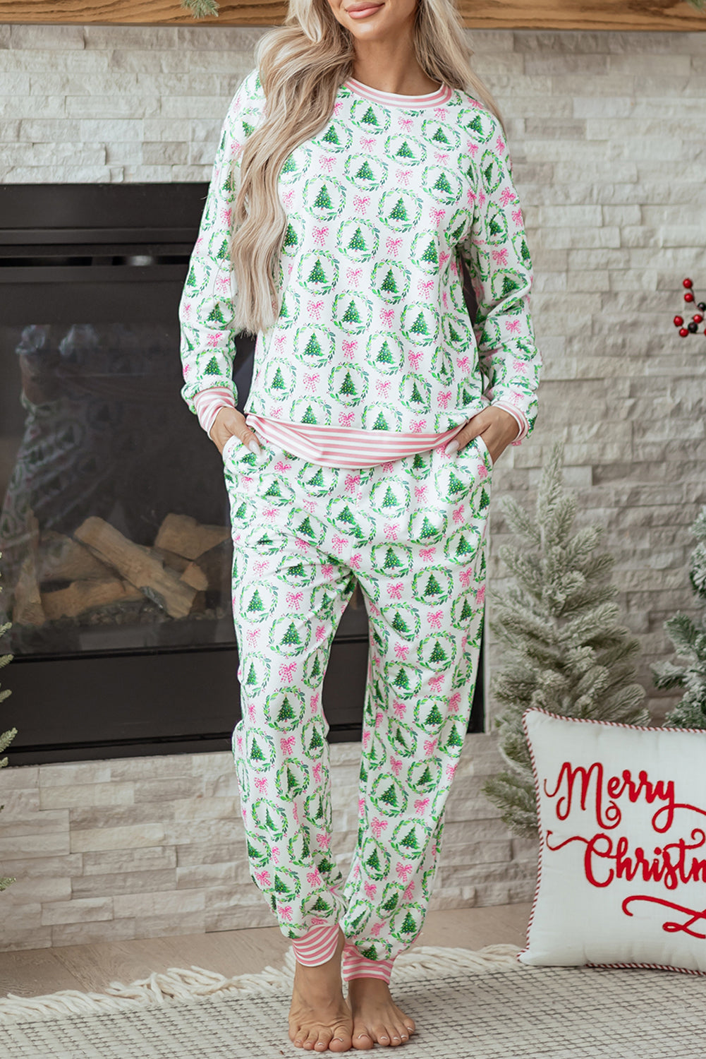 Green Bow Christmas Tree Print Contrast Striped Banding 2pcs Lounge Set-Loungewear & Sleepwear/Loungewear-[Adult]-[Female]-2022 Online Blue Zone Planet