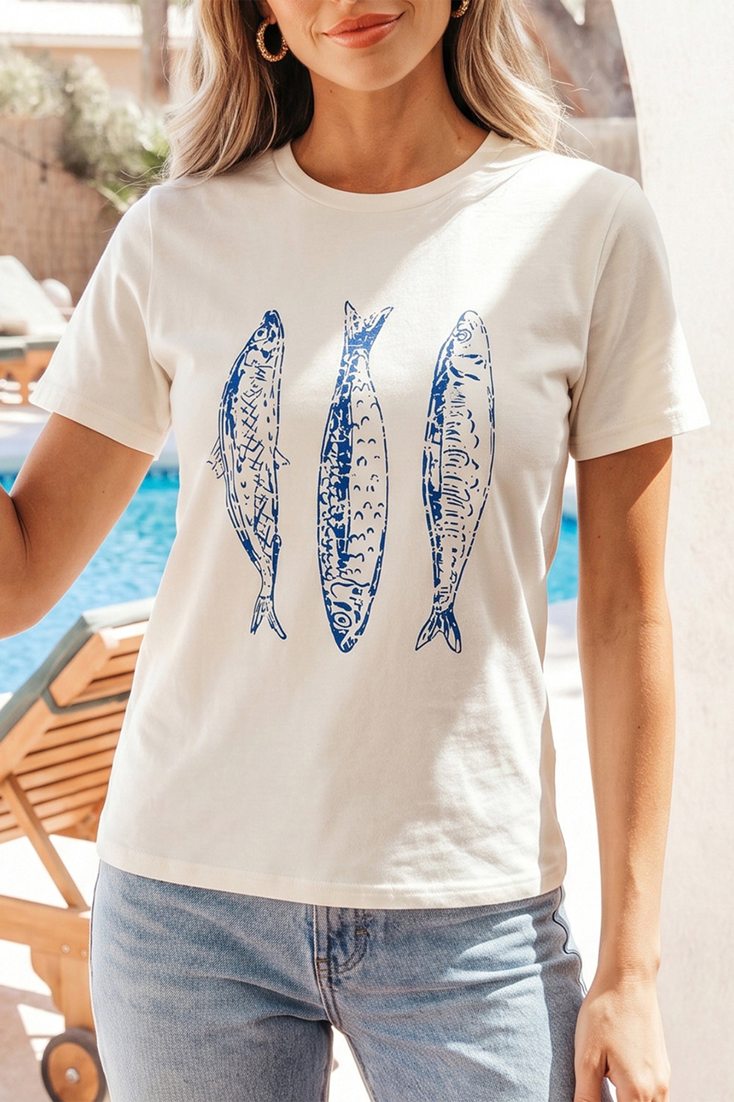 White Fish Print Short Sleeve Round Neck T Shirt-Tops/Tops & Tees-[Adult]-[Female]-2022 Online Blue Zone Planet