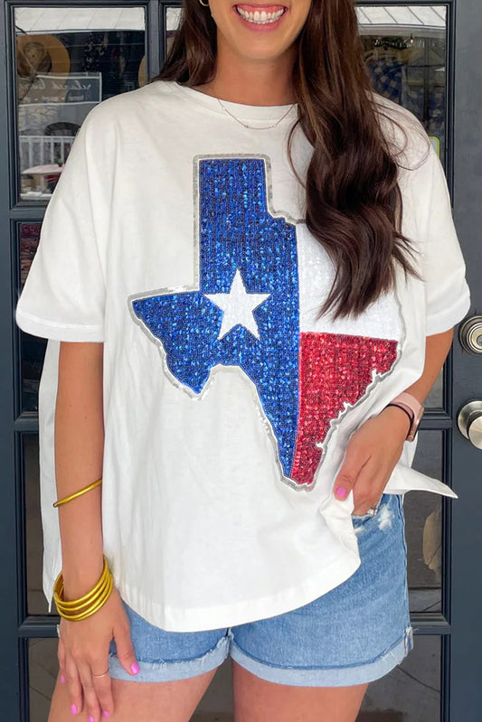 White Sequined Texas Graphic Plus Size T Shirt-Plus Size/Plus Size Tops/Plus Size Tops & Tees-[Adult]-[Female]-White-1X-2022 Online Blue Zone Planet