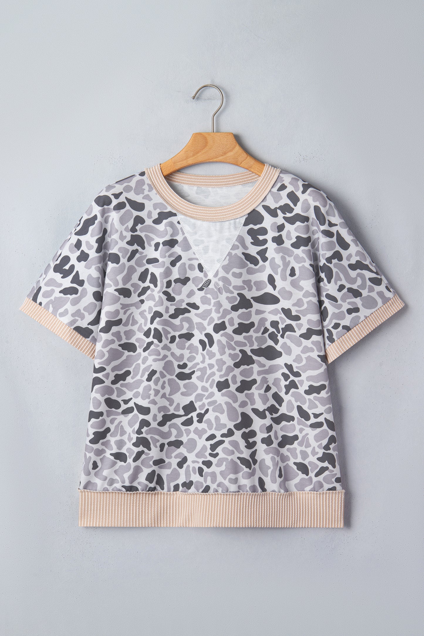 Gray Camouflage Print Twisted Ribbed Patchwork Casual T Shirt-Tops/Tops & Tees-[Adult]-[Female]-2022 Online Blue Zone Planet