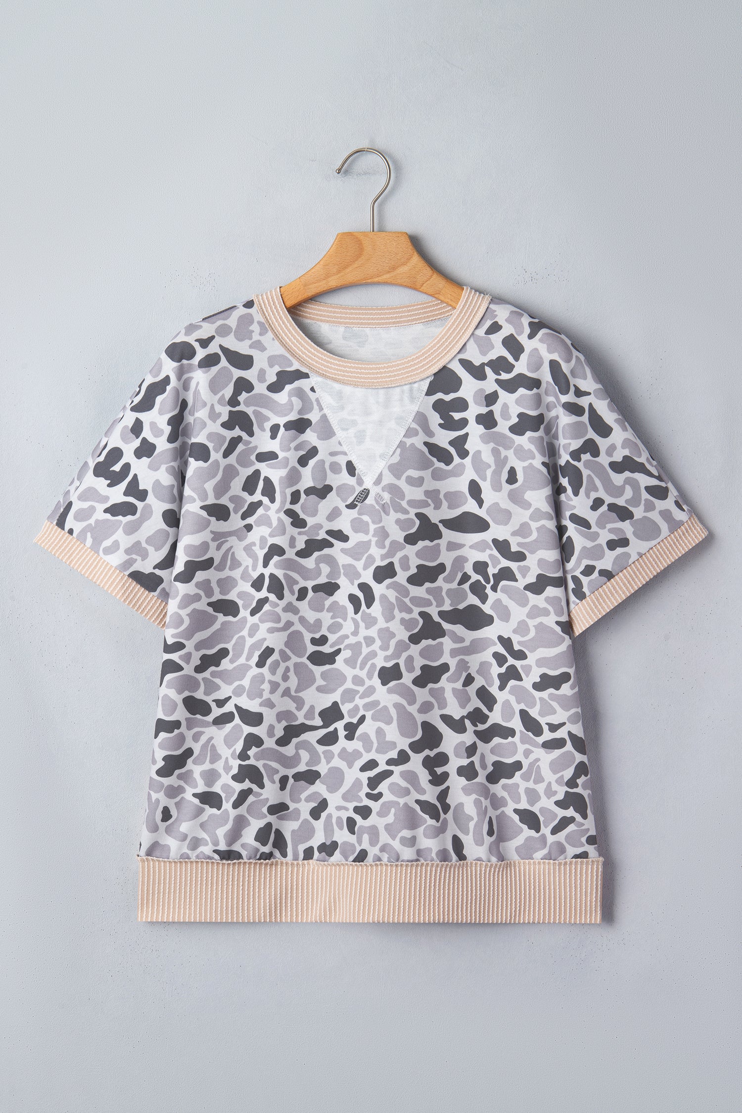 Gray Camouflage Print Twisted Ribbed Patchwork Casual T Shirt-Tops/Tops & Tees-[Adult]-[Female]-2022 Online Blue Zone Planet