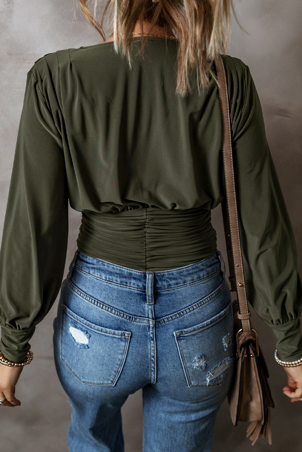 Moss Green Ruched Wrap V Neck Long Sleeve Bodysuit-Tops/Bodysuits-[Adult]-[Female]-2022 Online Blue Zone Planet