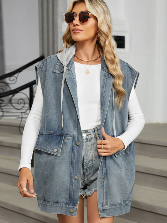 Removable Hood Button Up Cap Sleeve Denim Jacket-TOPS / DRESSES-[Adult]-[Female]-Light-S-2022 Online Blue Zone Planet