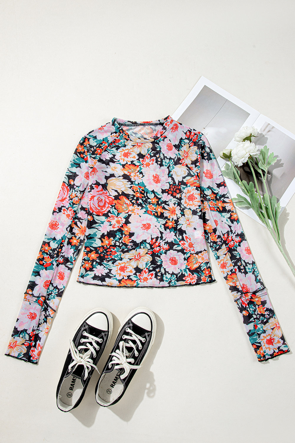 Orange Allover Floral Print Long Sleeve Round Neck Slim Mesh Top-Long Sleeve Tops-[Adult]-[Female]-2022 Online Blue Zone Planet