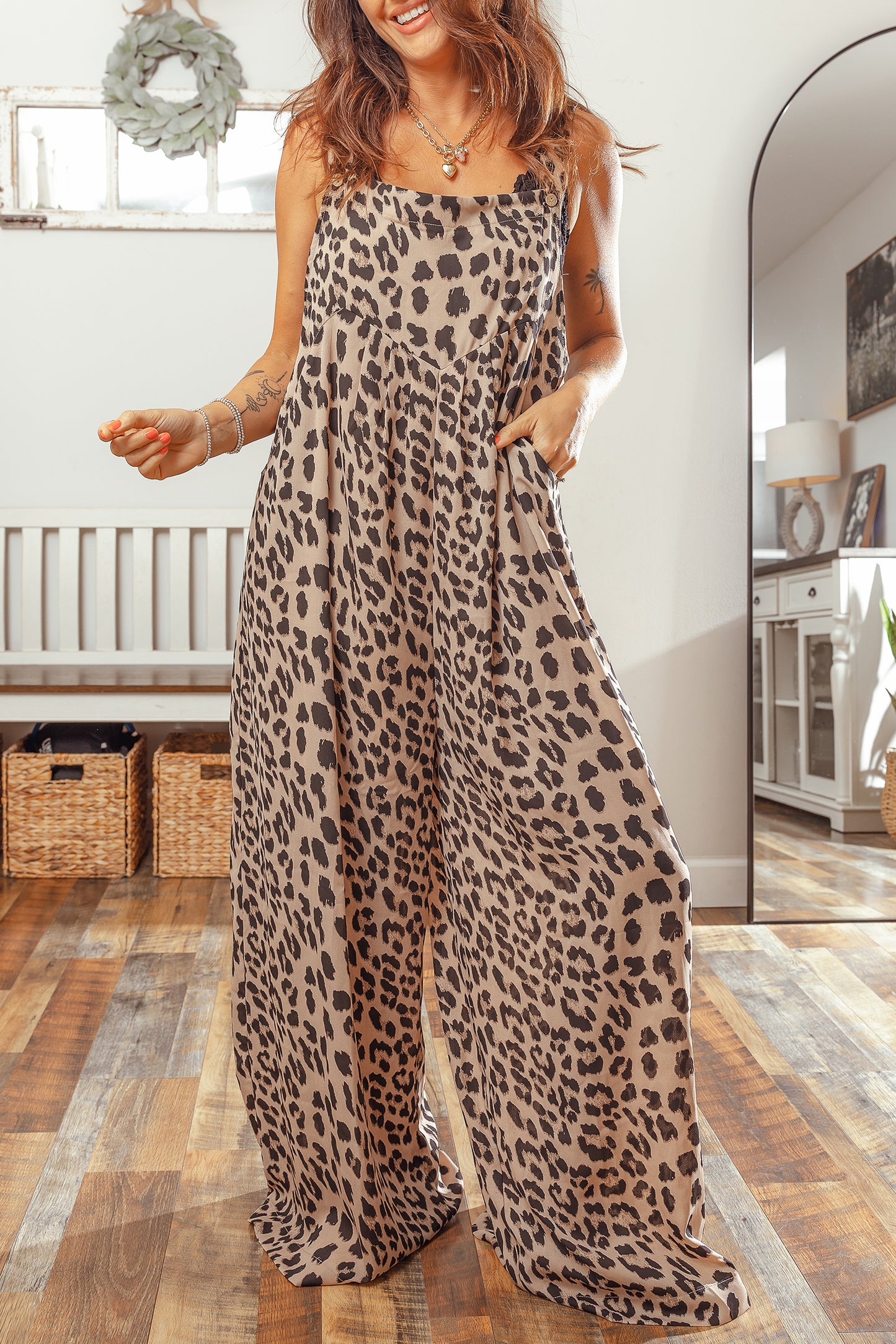 Khaki Leopard Print Square Neck Pleated Wide Leg Jumpsuit-Bottoms/Jumpsuits & Rompers-[Adult]-[Female]-2022 Online Blue Zone Planet