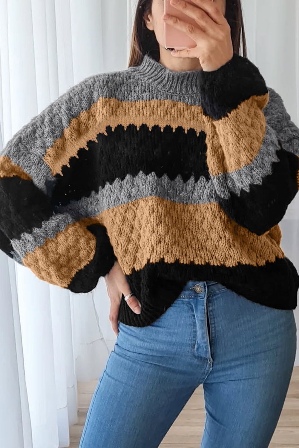 Khaki Color Block High Neck Baggy Sweater-Sweaters & Cardigans/Sweaters-[Adult]-[Female]-Khaki-S-2022 Online Blue Zone Planet