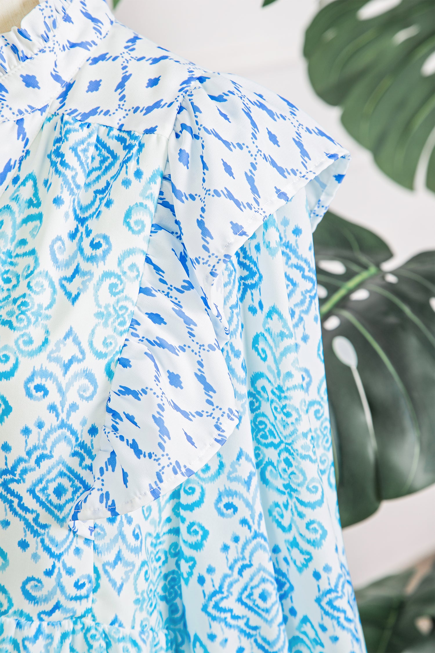 Sky Blue Boho Floral Geometric Patchwork Ruffle Detail Puff Sleeve Mini Dress-TOPS / DRESSES-[Adult]-[Female]-2022 Online Blue Zone Planet