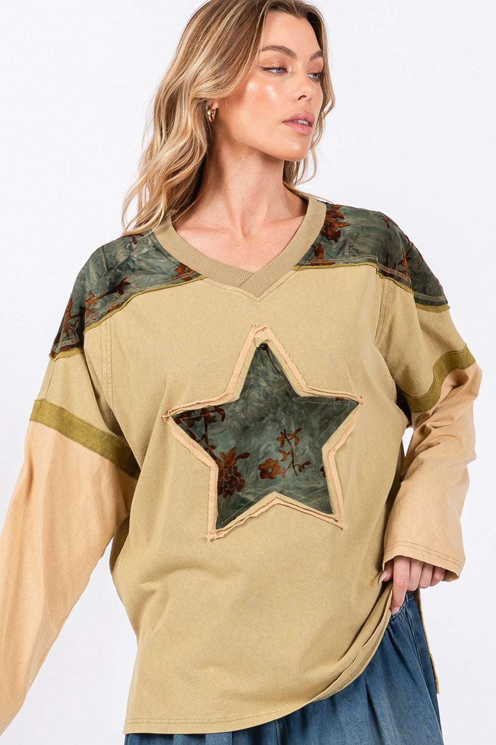 Blue Zone Planet | SAGE + FIG Star Patch Long Sleeve Color Block T-Shirt-TOPS / DRESSES-[Adult]-[Female]-2022 Online Blue Zone Planet