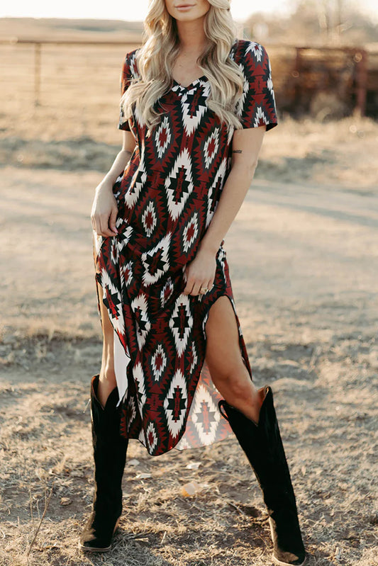 Red Western Aztec Printed Long T-Shirt Dress-TOPS / DRESSES-[Adult]-[Female]-Red-S-2022 Online Blue Zone Planet