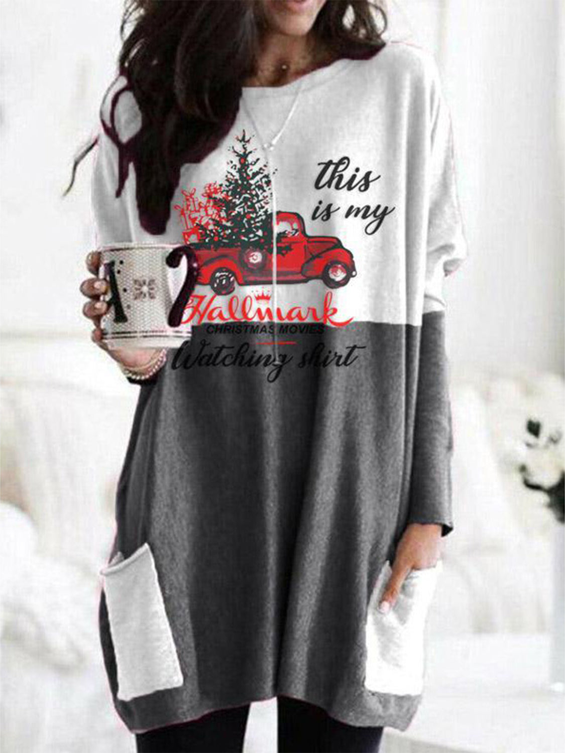 Full Size Graphic Two-Tone Round Neck Long Sleeve T-Shirt-TOPS / DRESSES-[Adult]-[Female]-Gray-S-2022 Online Blue Zone Planet