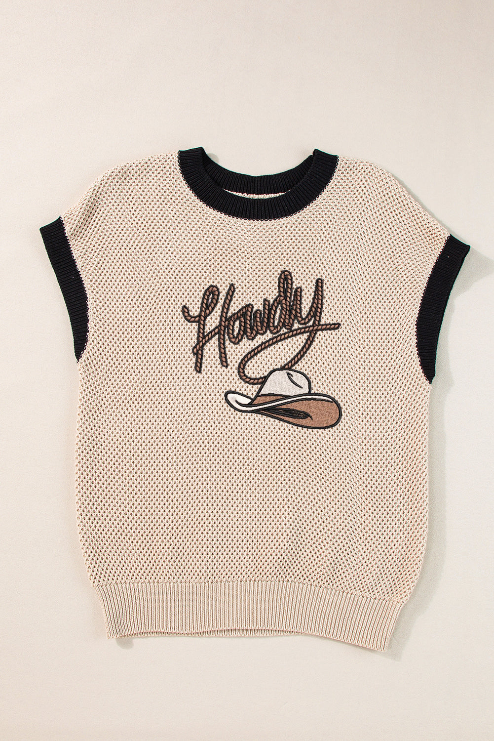 Light French Beige Howdy Cowboy Hat Embroidered Short Sleeve Sweater-TOPS / DRESSES-[Adult]-[Female]-2022 Online Blue Zone Planet