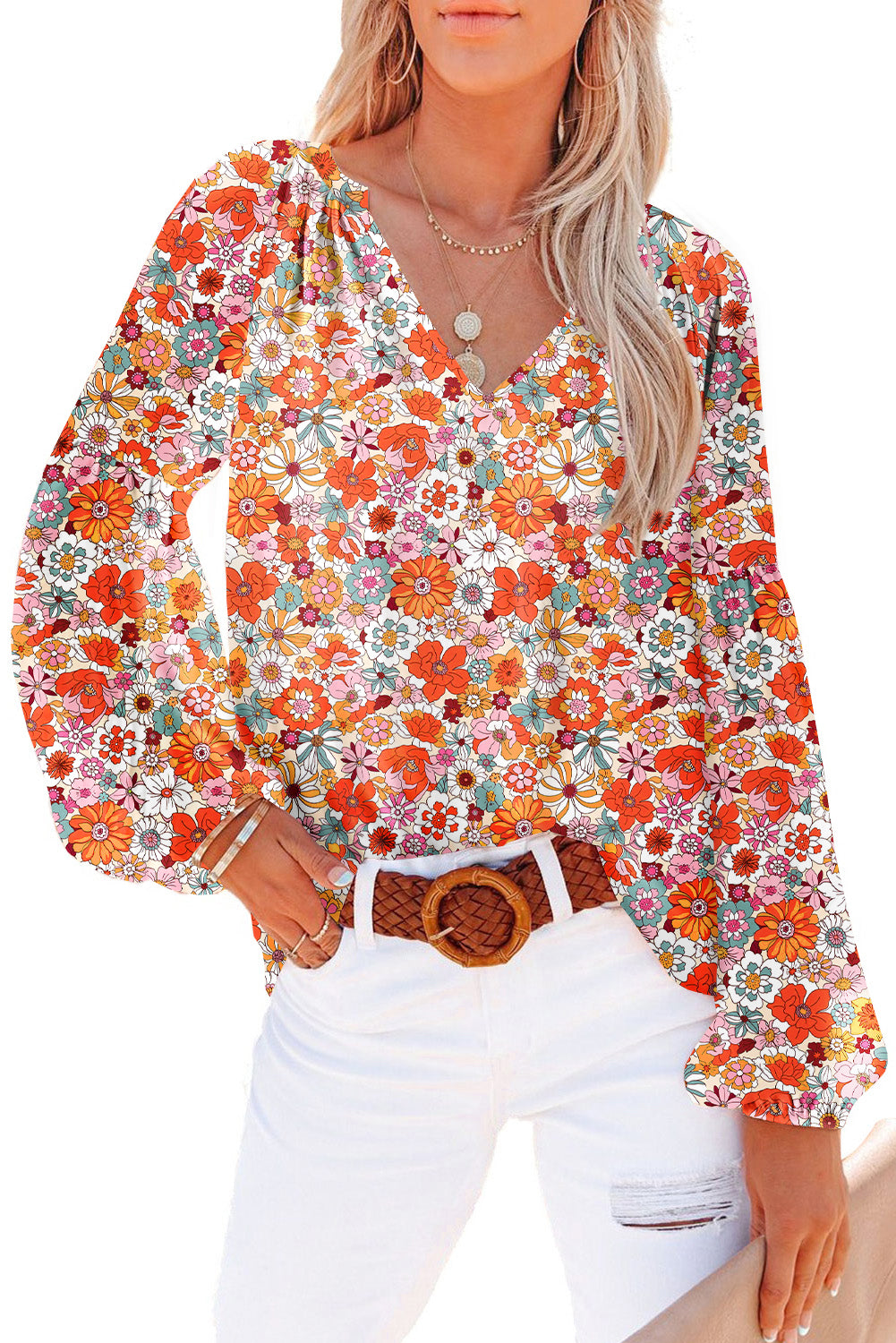 Orange Floral Print V Neck Long Puff Sleeve Top-Tops/Blouses & Shirts-[Adult]-[Female]-2022 Online Blue Zone Planet