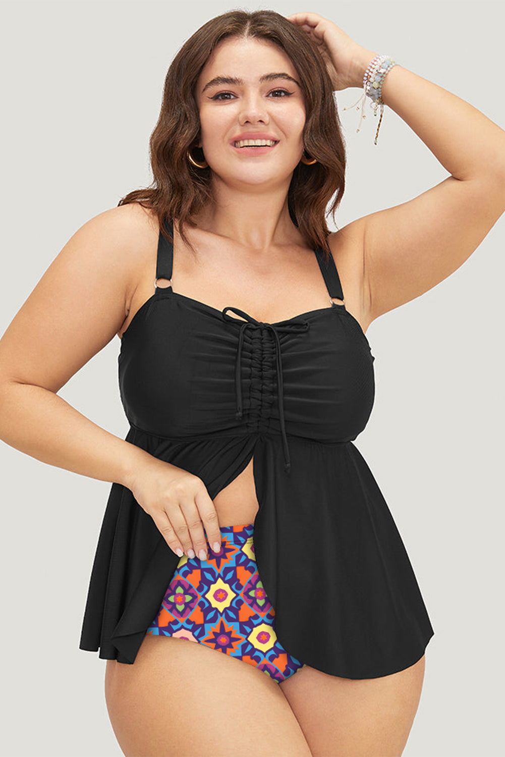 Black Drawstring Tied Front Flared Top Geometric Print Bottom Plus Size Tankinis-Curve+Plus-[Adult]-[Female]-2022 Online Blue Zone Planet