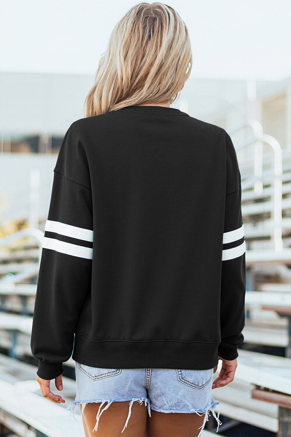 Black Varsity Striped Detail Drop Shoulder Oversized Sweatshirt-Tops/Sweatshirts & Hoodies-[Adult]-[Female]-2022 Online Blue Zone Planet