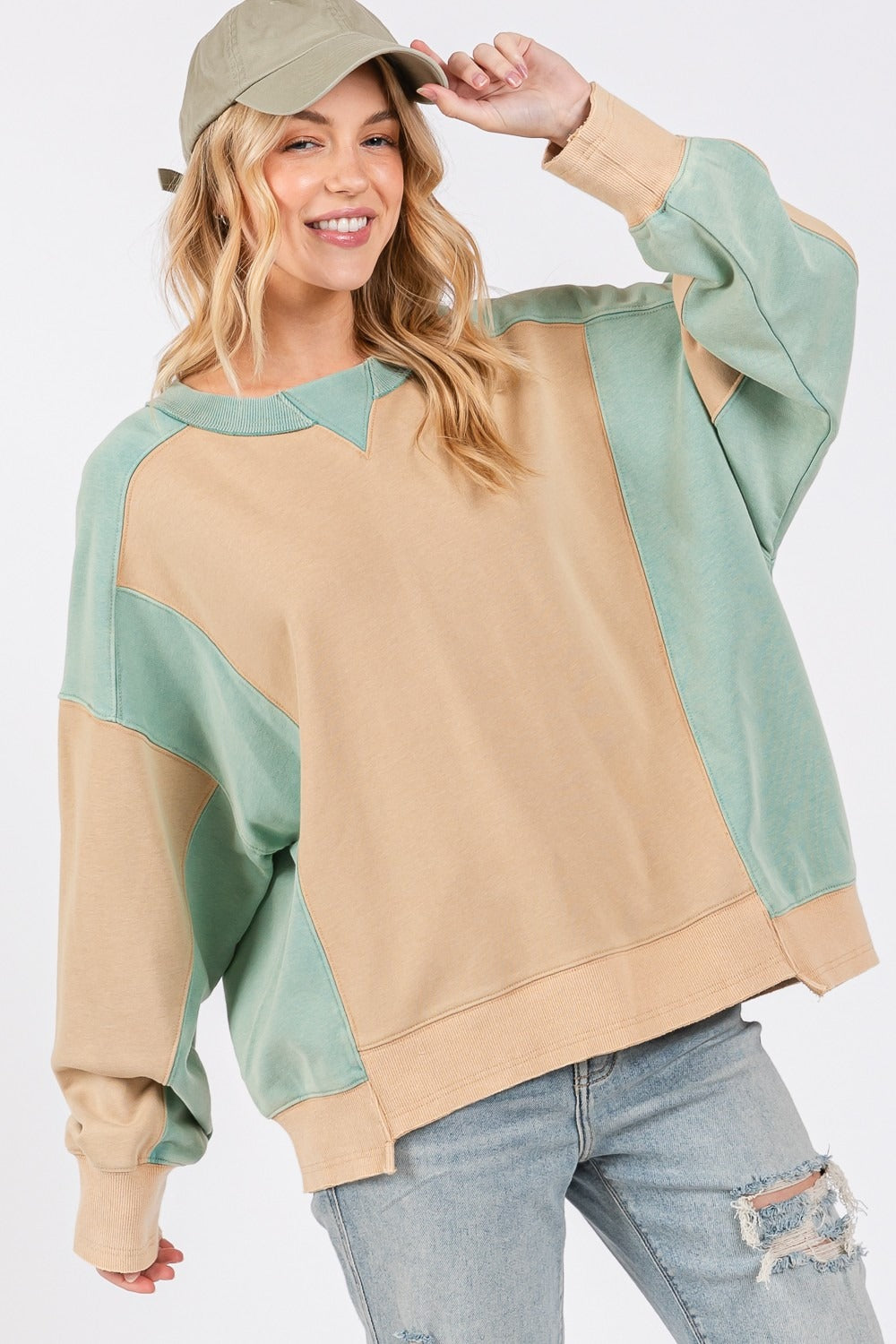 SAGE + FIG Color Block Round Neck Sweatshirt-TOPS / DRESSES-[Adult]-[Female]-Cookie/Green-S-2022 Online Blue Zone Planet