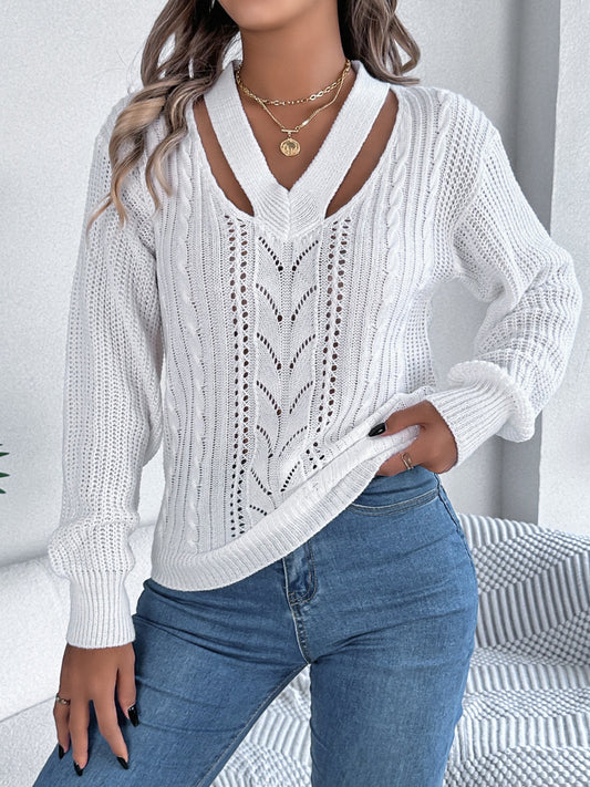 Cutout V-Neck Long Sleeve Sweater-TOPS / DRESSES-[Adult]-[Female]-White-S-2022 Online Blue Zone Planet