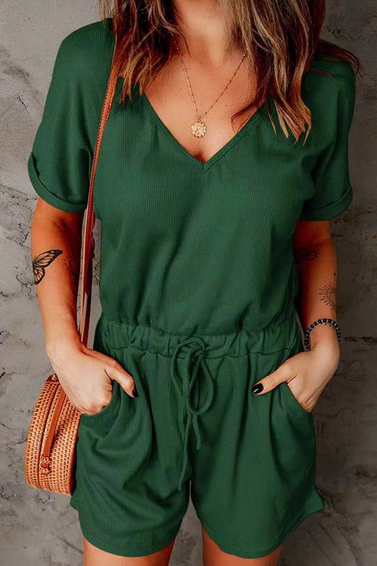 Full Size Drawstring V-Neck Short Sleeve Romper-TOPS / DRESSES-[Adult]-[Female]-Dark Green-S-2022 Online Blue Zone Planet