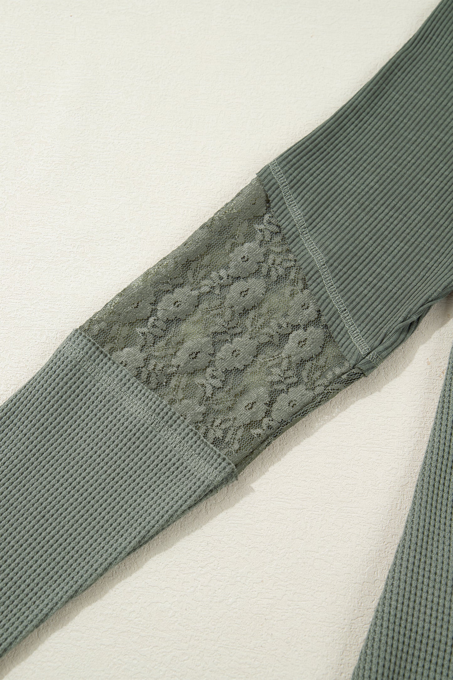 Sage Green Solid Color Waffle Ribbed Lace Patchwork Long Sleeve Top-Tops/Long Sleeve Tops-[Adult]-[Female]-2022 Online Blue Zone Planet