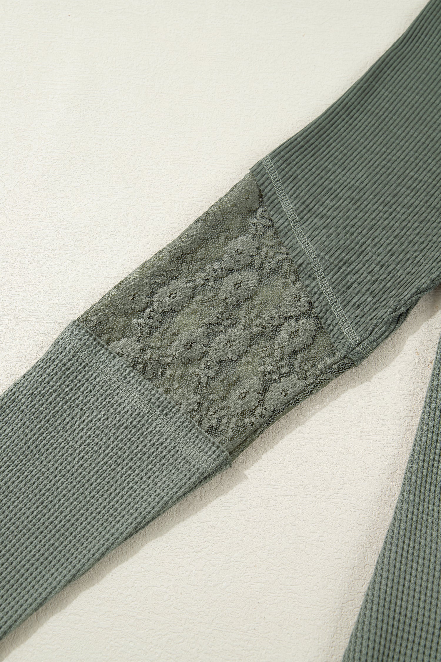 Sage Green Solid Color Waffle Ribbed Lace Patchwork Long Sleeve Top-Tops/Long Sleeve Tops-[Adult]-[Female]-2022 Online Blue Zone Planet