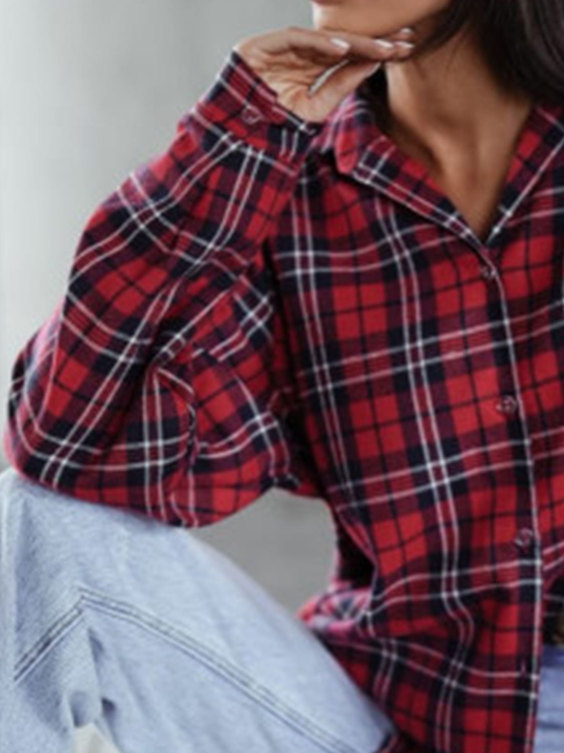 Plaid Collared Neck Long Sleeve Shirt-TOPS / DRESSES-[Adult]-[Female]-2022 Online Blue Zone Planet