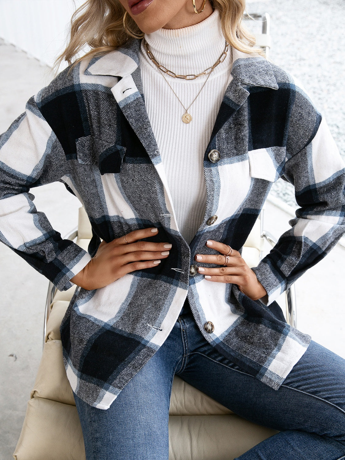 Blue Zone Planet | Plaid Button Up Long Sleeve Shacket-TOPS / DRESSES-[Adult]-[Female]-2022 Online Blue Zone Planet