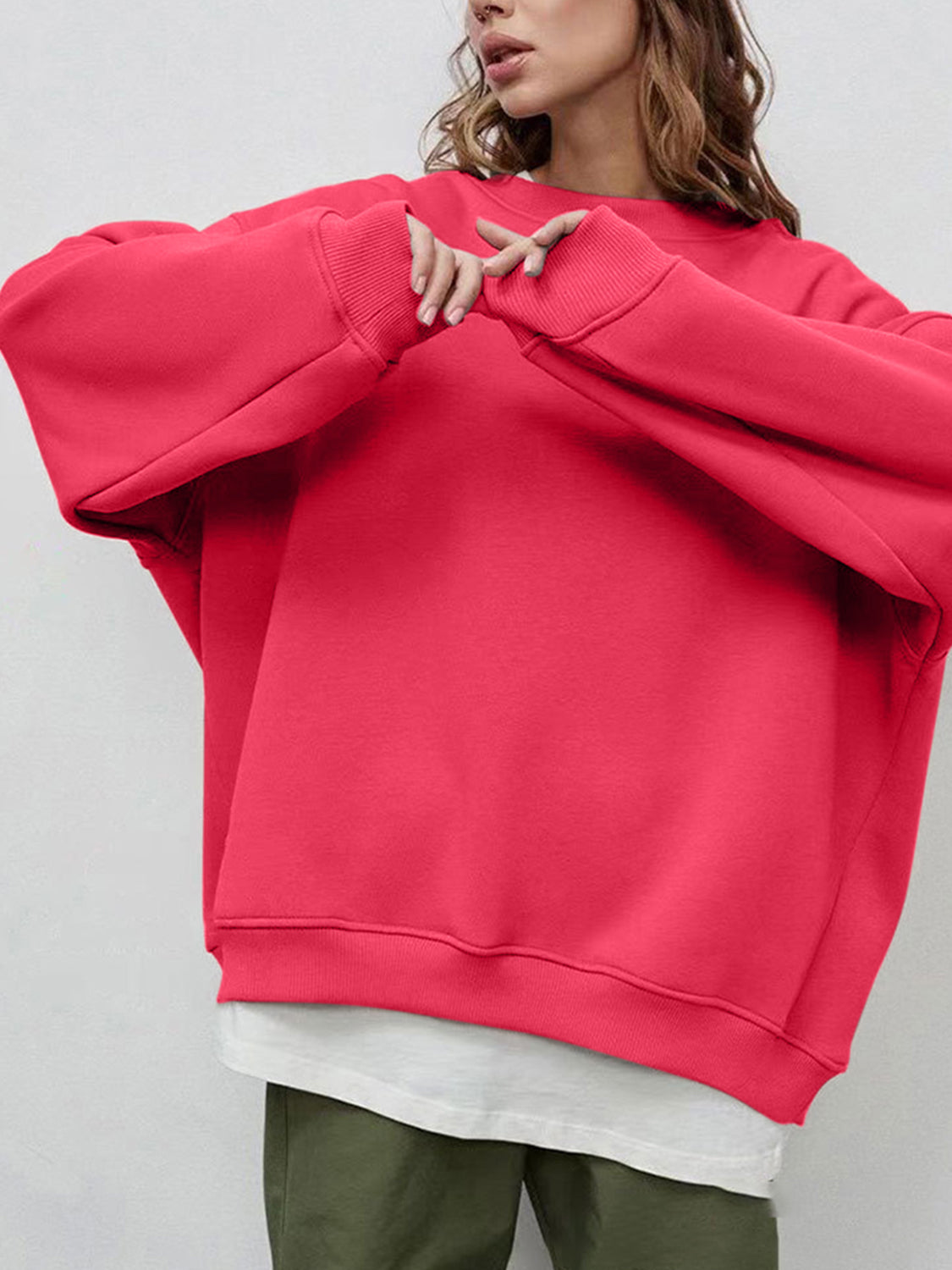 Round Neck Dropped Shoulder Long Sleeve Sweatshirt-TOPS / DRESSES-[Adult]-[Female]-Hot Pink-M-2022 Online Blue Zone Planet