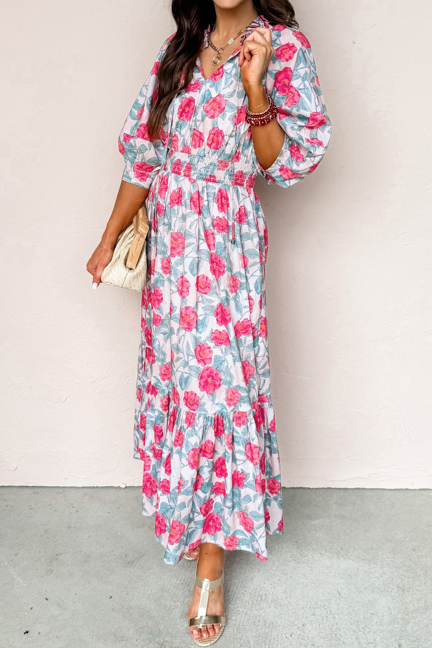 Red Elegant Floral Puff Sleeve Midi Dress-TOPS / DRESSES-[Adult]-[Female]-2022 Online Blue Zone Planet