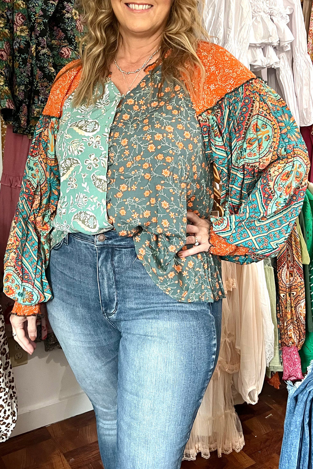 Green Floral Patchwork V Neck Lantern Sleeve Plus Size Blouse-Plus Size Tops-[Adult]-[Female]-Green-1X-2022 Online Blue Zone Planet