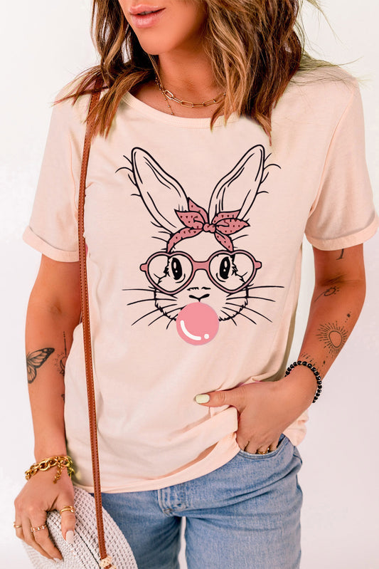 Rabbit Graphic Round Neck Short Sleeve T-Shirt-TOPS / DRESSES-[Adult]-[Female]-Blush Pink-S-2022 Online Blue Zone Planet