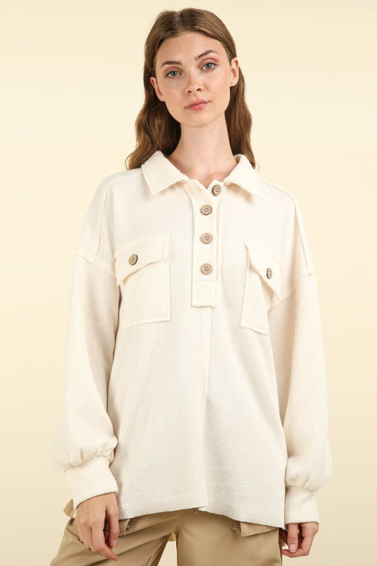 VERY J Collared Half Button Knit Top with Pockets-TOPS / DRESSES-[Adult]-[Female]-Cream-S-2022 Online Blue Zone Planet