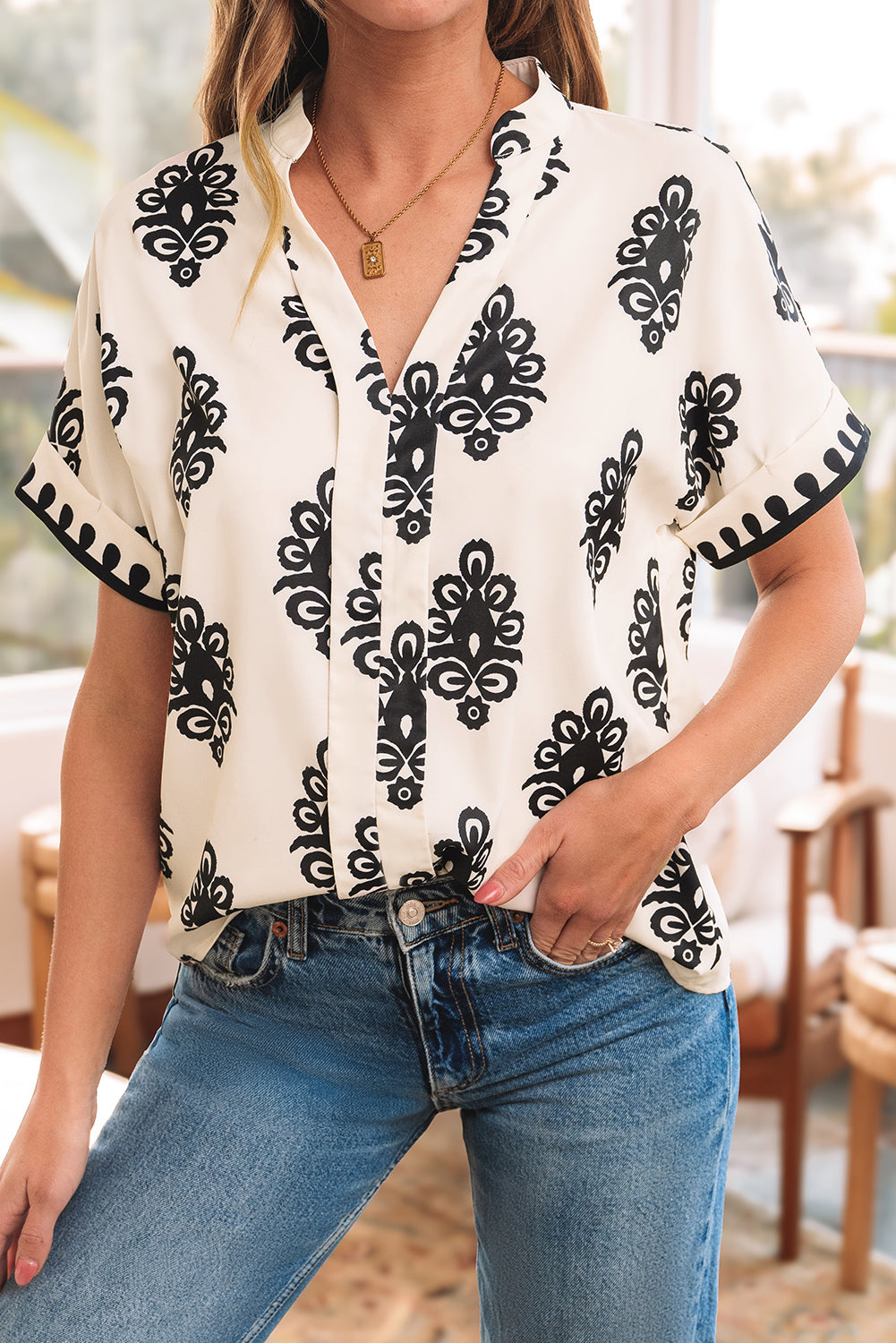 Black Geometric Print Short Sleeve V Neck Blouse-Tops/Blouses & Shirts-[Adult]-[Female]-2022 Online Blue Zone Planet