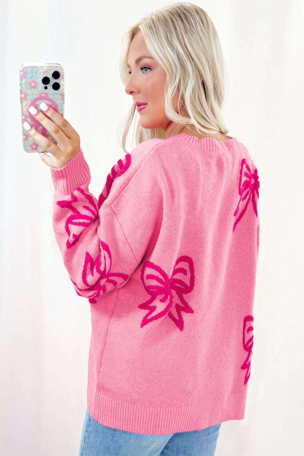 Blue Zone Planet |  Pink Bow Pattern Drop Shoulder Loose Sweater