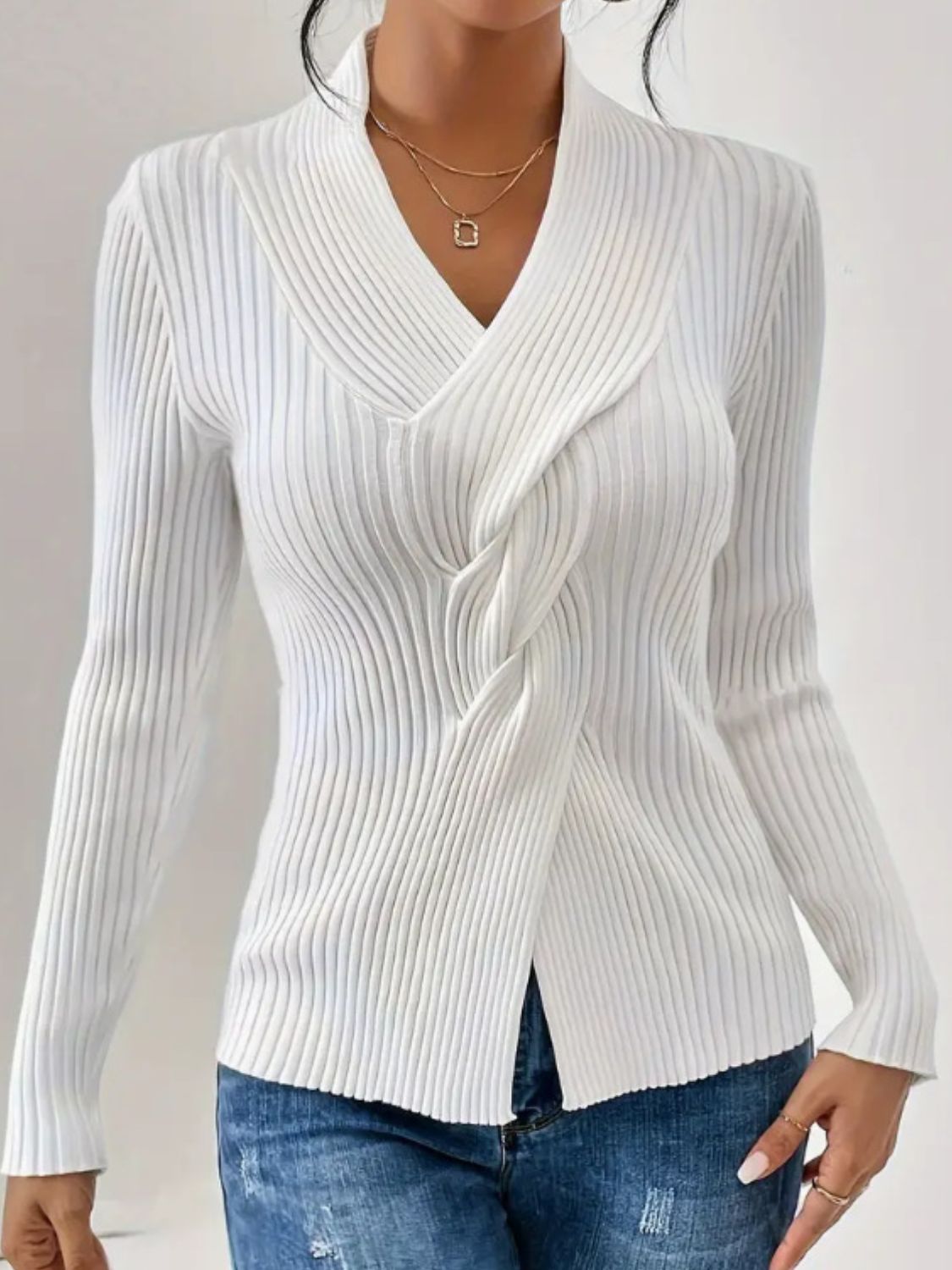 Twist Front Ribbed Long Sleeve Sweater-TOPS / DRESSES-[Adult]-[Female]-2022 Online Blue Zone Planet