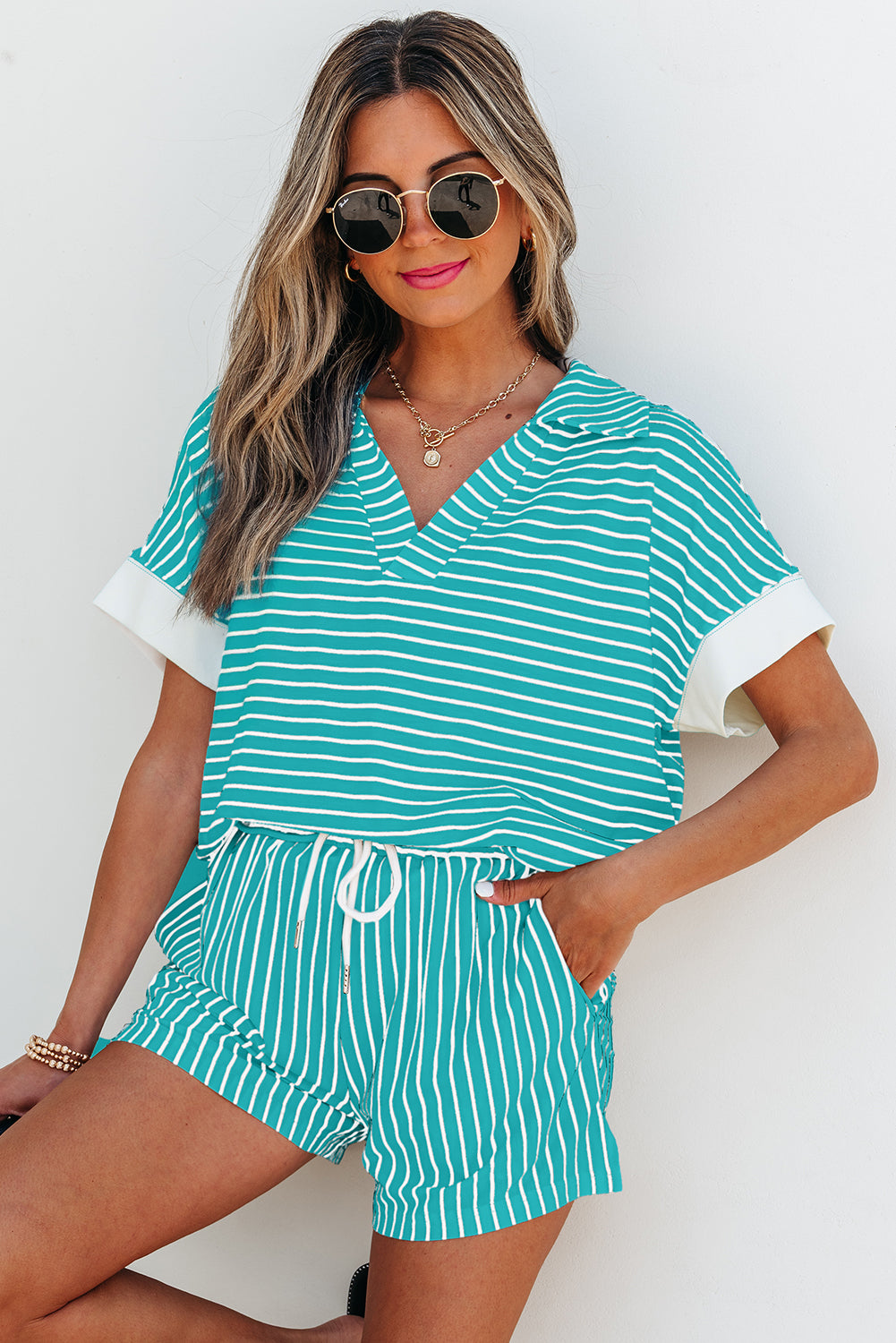 Sky Blue Stripe V Neck Tee and Casual Short Set-Two Piece Sets/Short Sets-[Adult]-[Female]-2022 Online Blue Zone Planet