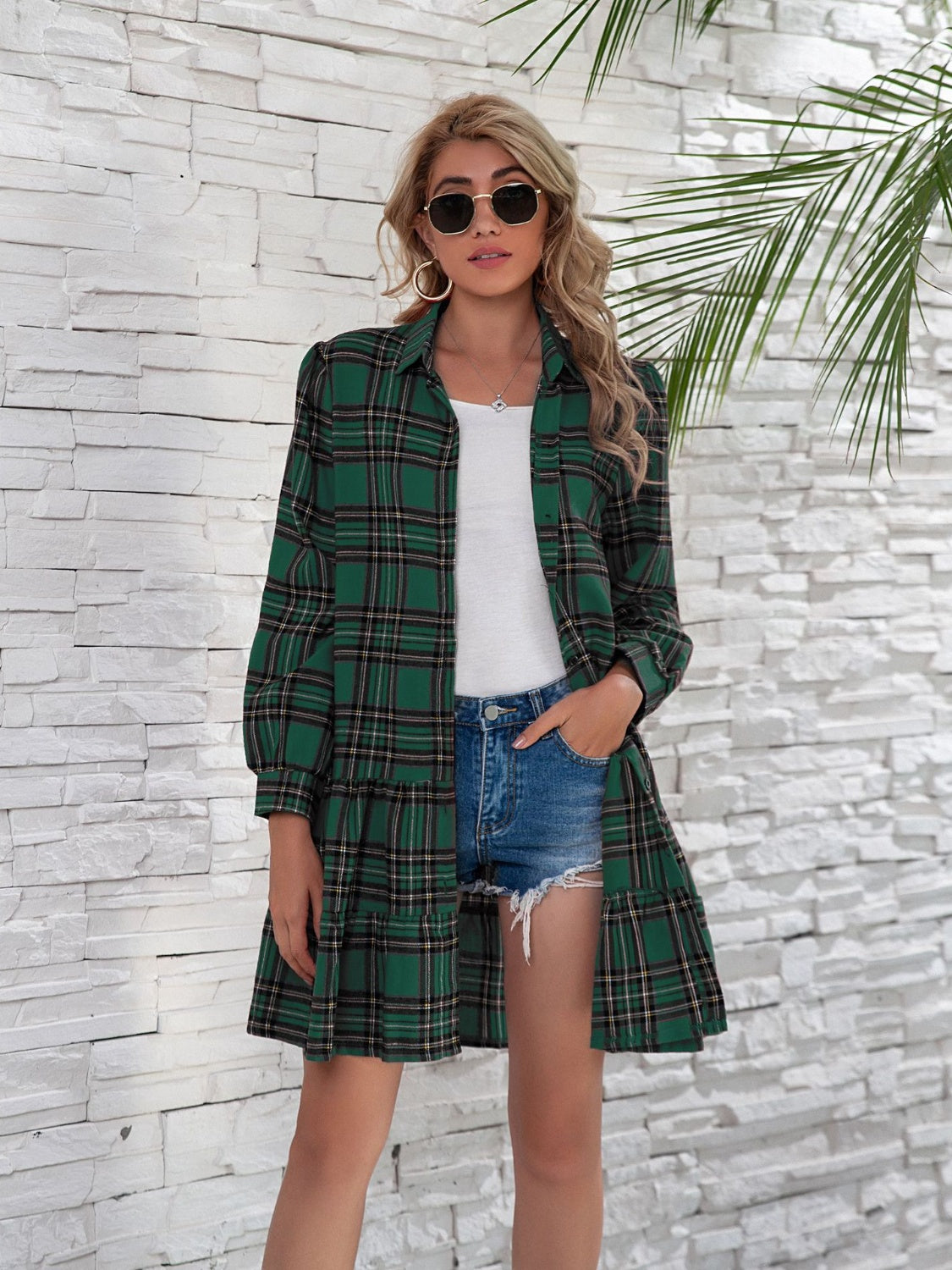 Ruffle Hem Plaid Button Down Long Sleeve Dress-TOPS / DRESSES-[Adult]-[Female]-2022 Online Blue Zone Planet