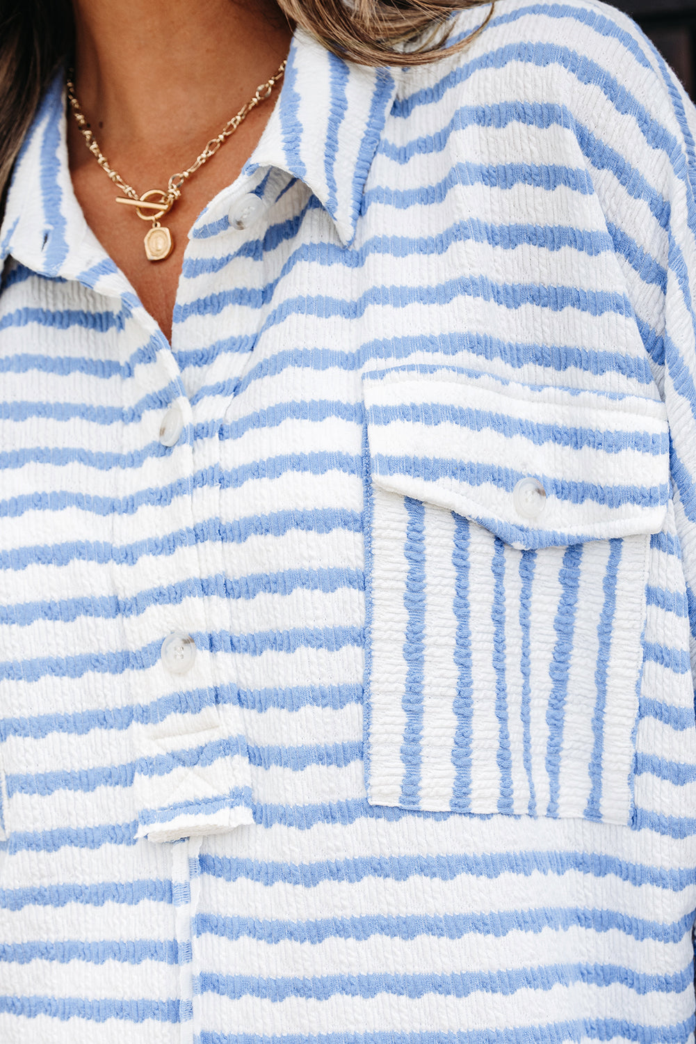 Sky Blue Stripe Half Button Collared Chest Pockets Loose Fit Blouse-Tops/Blouses & Shirts-[Adult]-[Female]-2022 Online Blue Zone Planet