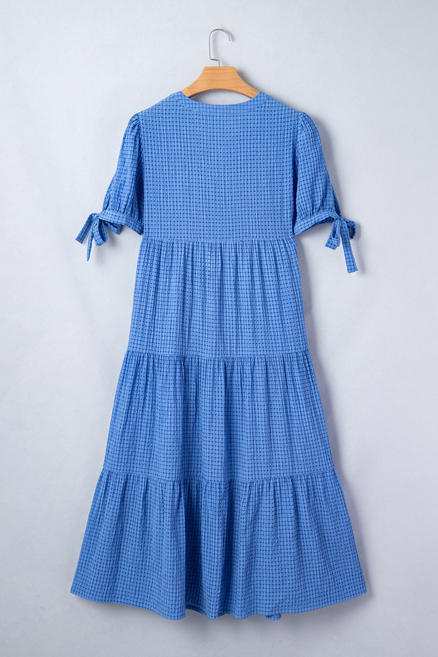 Dusk Blue Gingham Textured Bow Tie Short Sleeve Tiered Midi Dress-Dresses/Midi Dresses-[Adult]-[Female]-2022 Online Blue Zone Planet