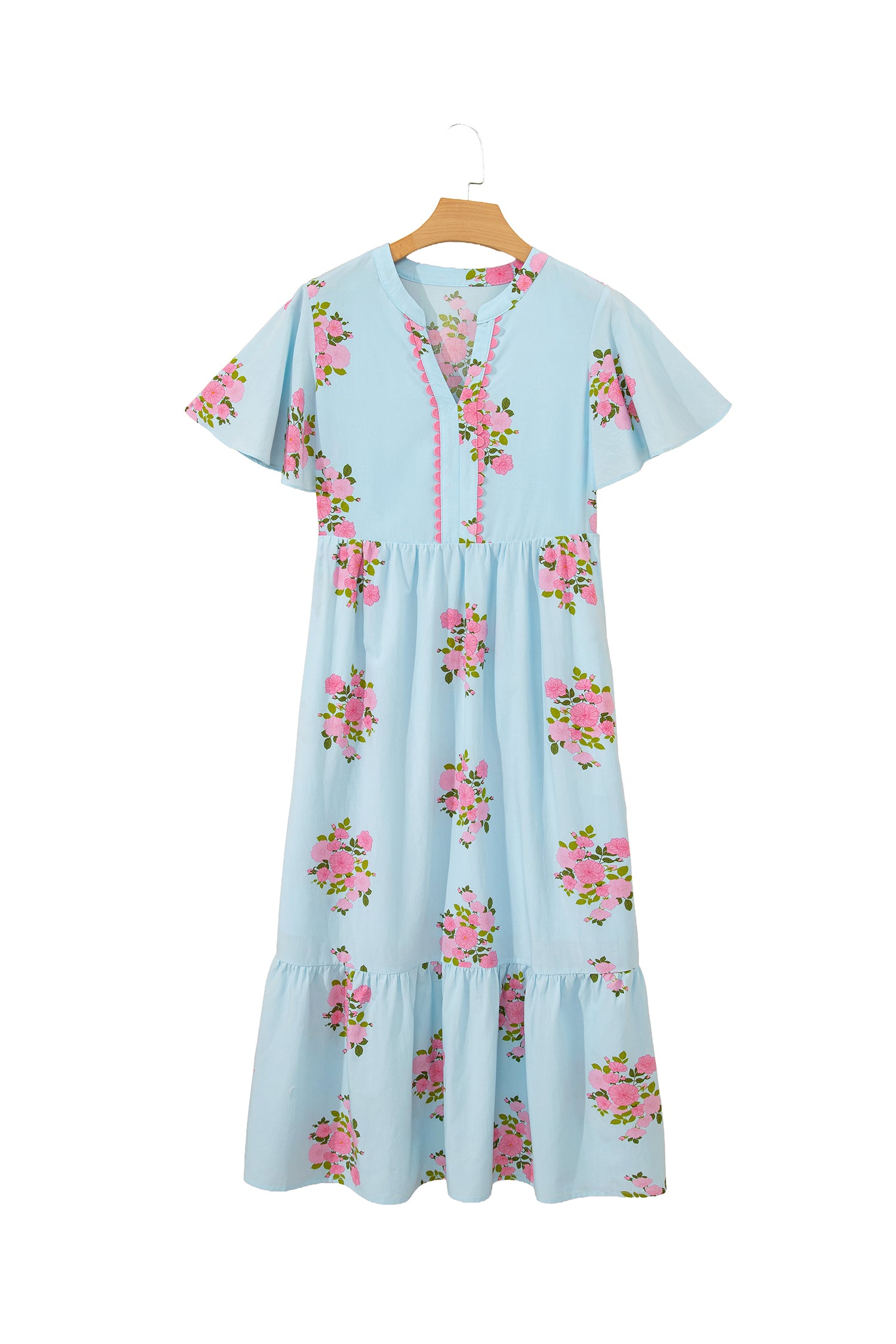 Sky Blue Notched Neck Flutter Short Sleeve Floral Print Maxi Dress-TOPS / DRESSES-[Adult]-[Female]-2022 Online Blue Zone Planet