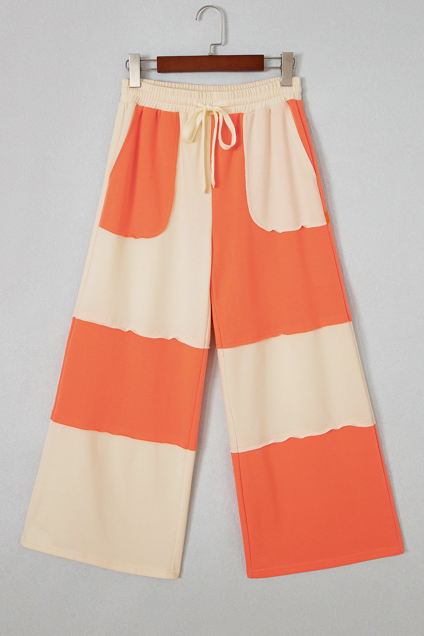 Russet Orange Raw Seam Colorblock Wide Leg Ankle Length Casual Pants