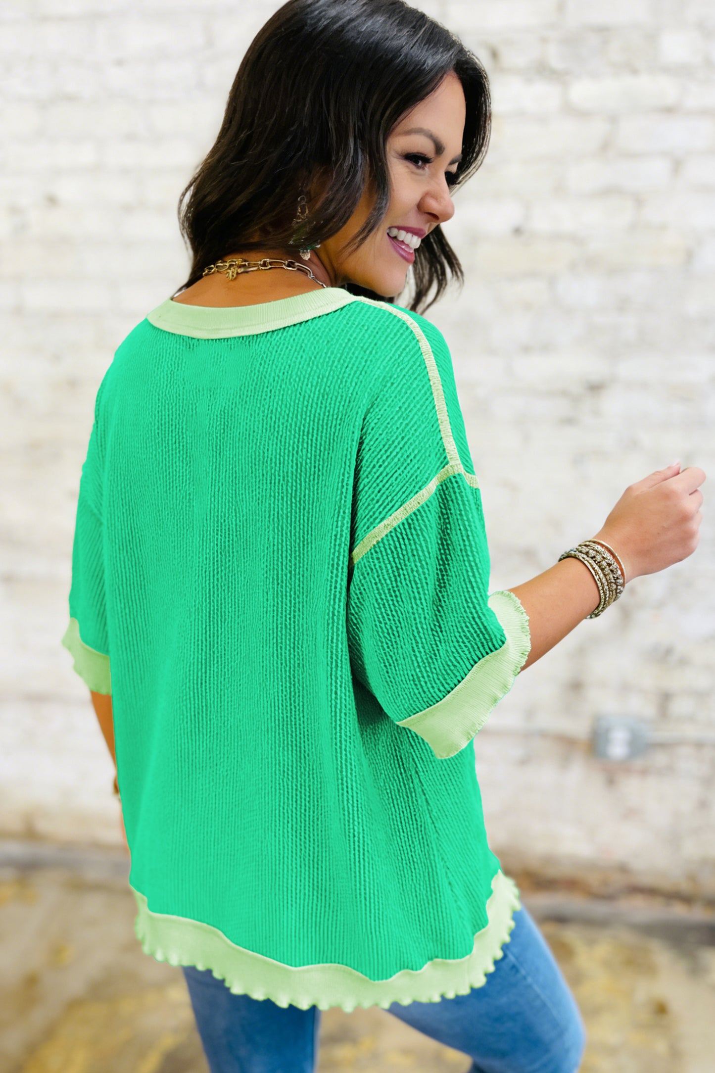 Mint Green Loose Uneven Hem Twist Ribbed T Shirt-Tops/Tops & Tees-[Adult]-[Female]-2022 Online Blue Zone Planet