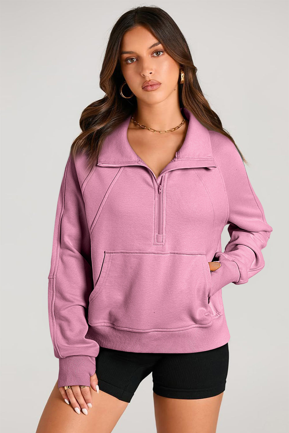 Brown Quarter Zip Stand Neck Kangaroo Pocket Sweatshirt-Tops/Sweatshirts & Hoodies-[Adult]-[Female]-2022 Online Blue Zone Planet