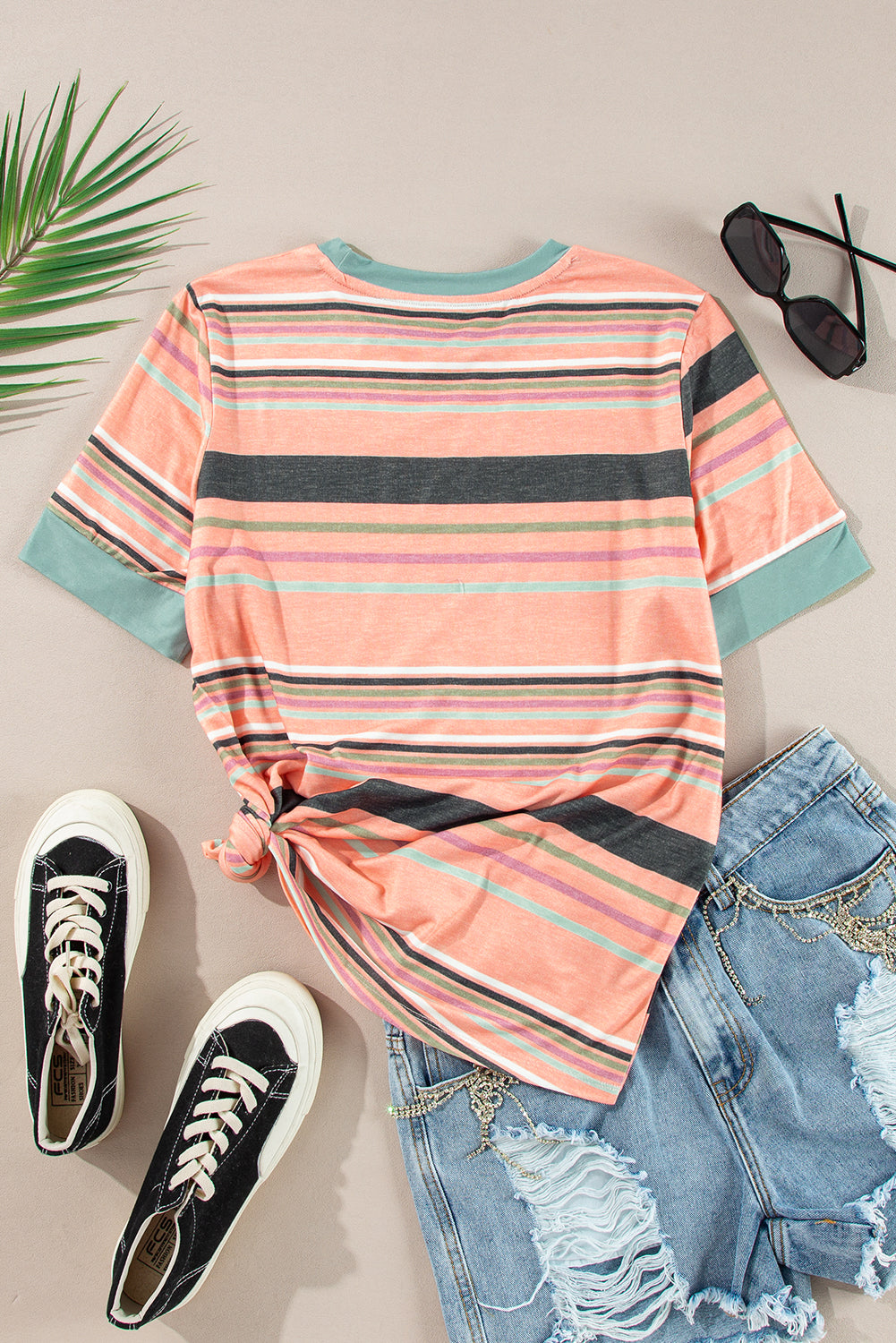 Pink Multicolor Stripes Crew Neck T Shirt-Tops/Tops & Tees-[Adult]-[Female]-2022 Online Blue Zone Planet