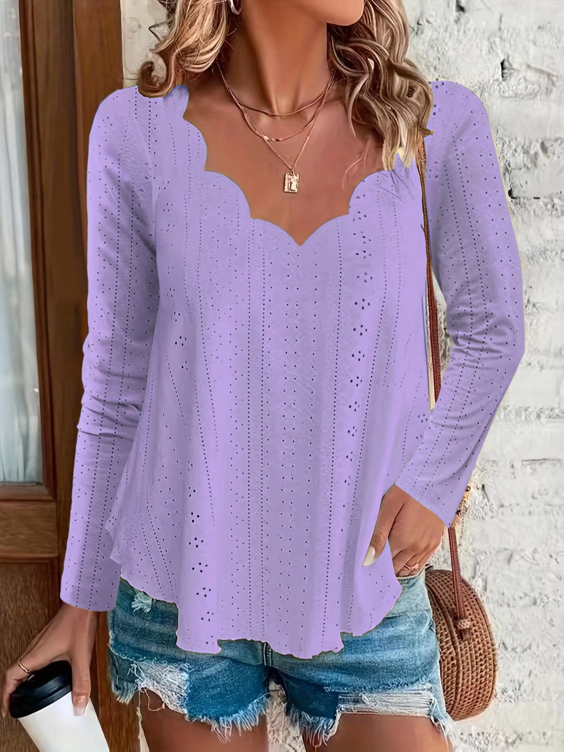 Eyelet Long Sleeve Blouse-TOPS / DRESSES-[Adult]-[Female]-Lavender-S-2022 Online Blue Zone Planet