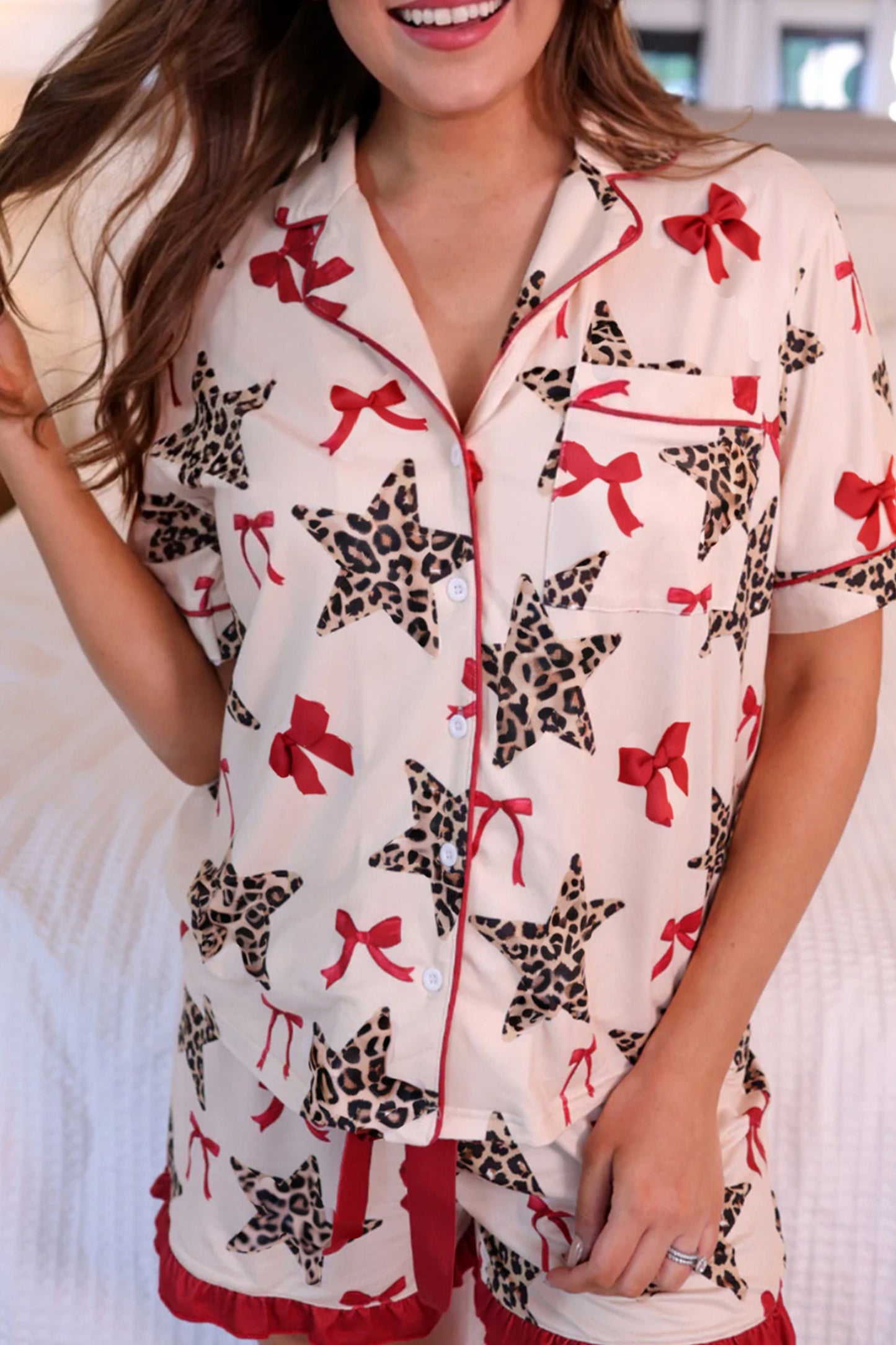 White Leopard Star Ribbon Bow Print Contrast Trim Short Pajama Set-Loungewear & Sleepwear/Sleepwear-[Adult]-[Female]-White-S-2022 Online Blue Zone Planet
