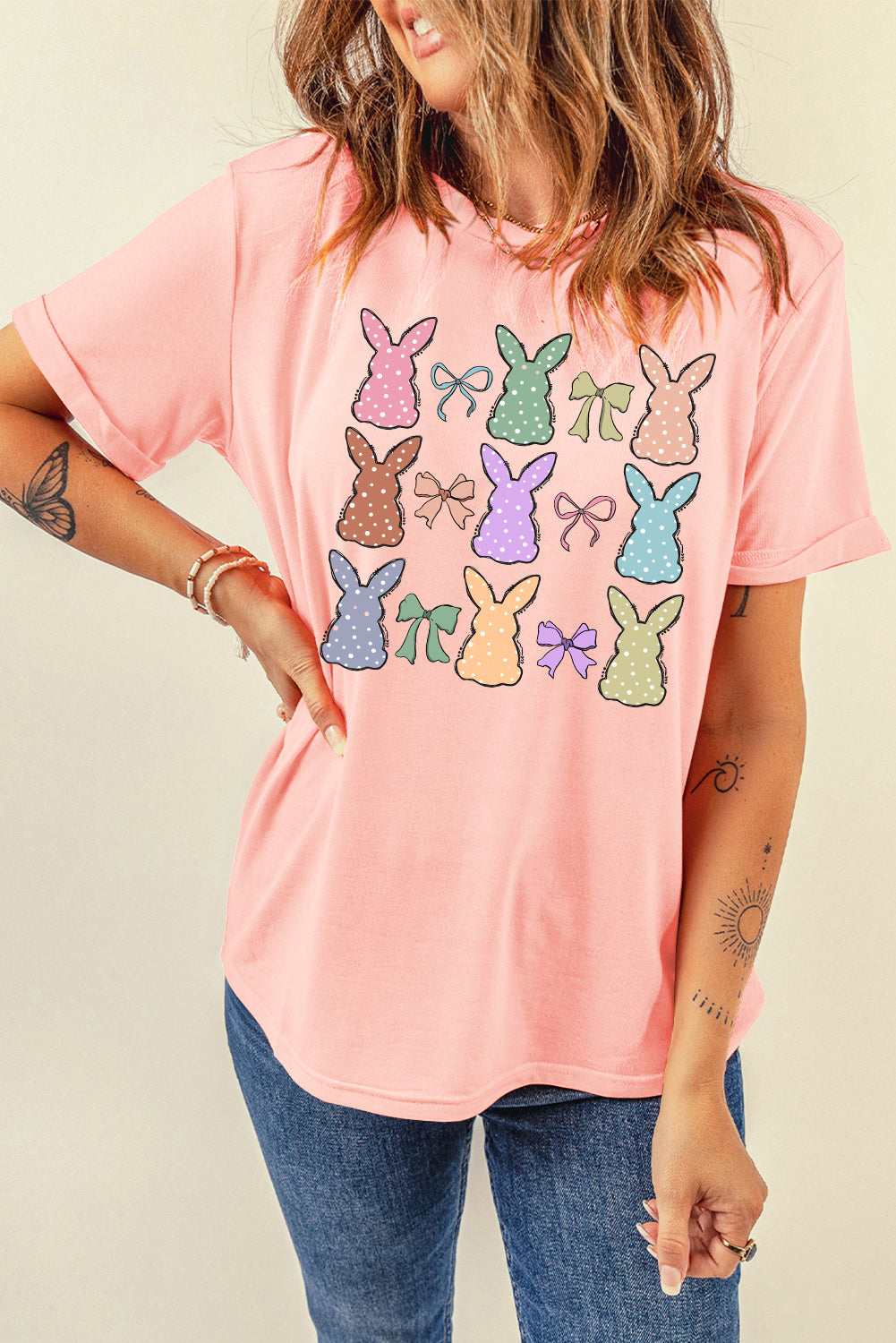 Pink Dotty Bunny Bow Printed Easter Day Fashion T Shirt-Graphic/Graphic Tees-[Adult]-[Female]-2022 Online Blue Zone Planet